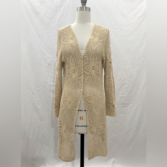 VINTAGE 70’s light tan crochet midi cardigan / boho coverup /open knit sweater - Picture 1 of 6